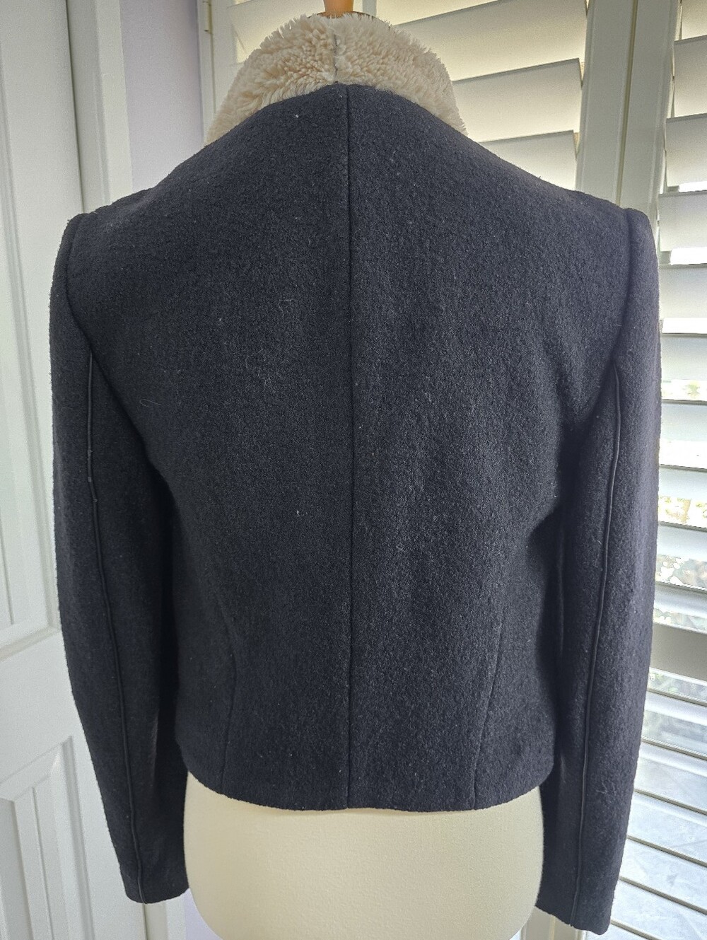 ZARA Black Trafaluc Shearling Style Jacket W/Faux Fur Draped Collar Wool Blend - Picture 8 of 11